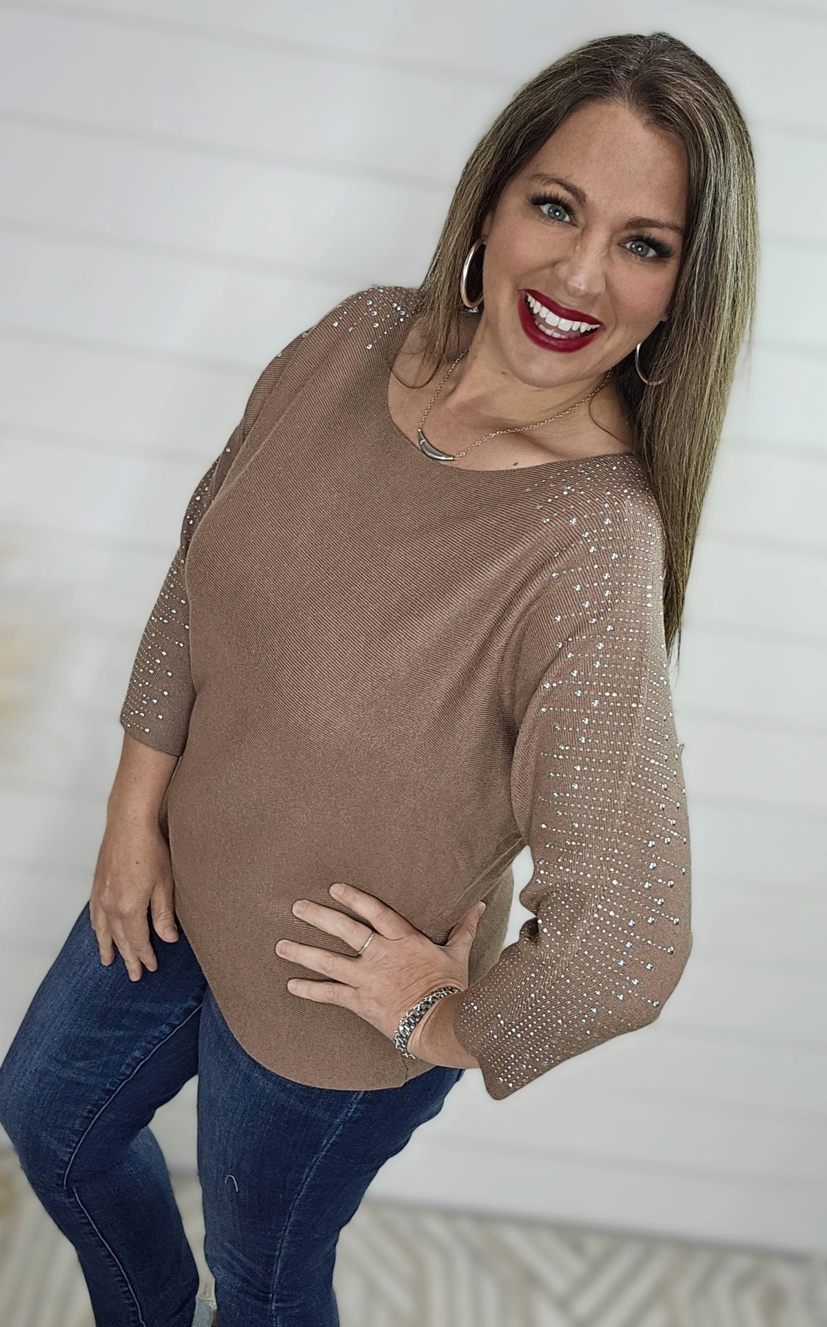 MOCHA RHINESTONE BOATNECK SWEATER