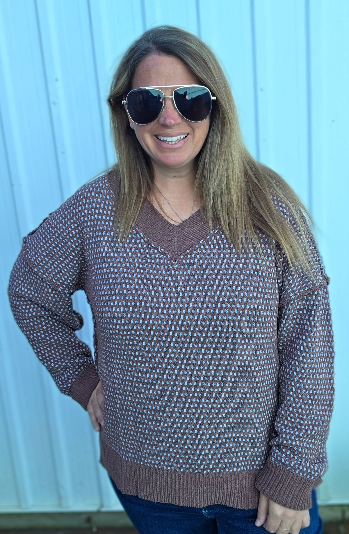 Chocolate/Blue V Neck Plush Sweater