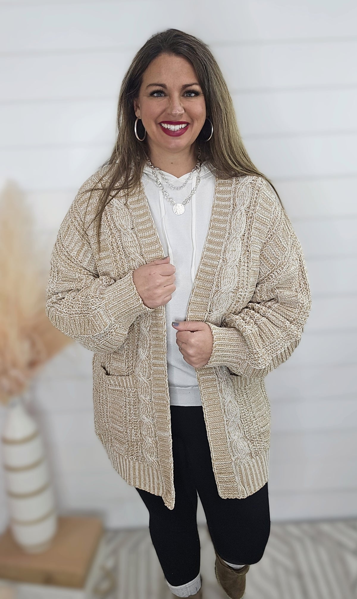 TAUPE TWO TONE OPEN KNIT CARDIGAN