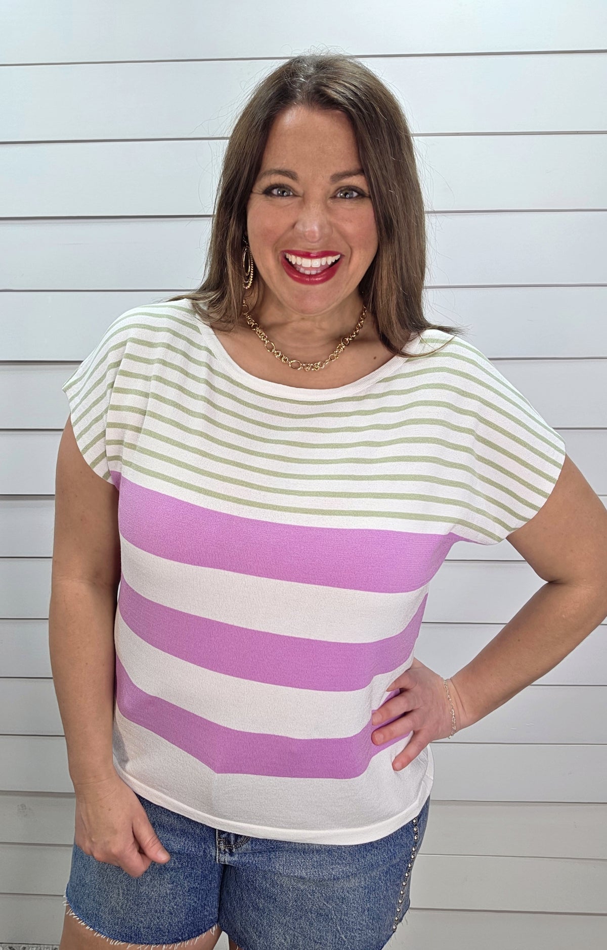 SAGE/LAVENDER/WHITE CONTRAST STRIPED SHORT SLEEVE LIGHT WEIGHT SWEATER KNIT TOP
