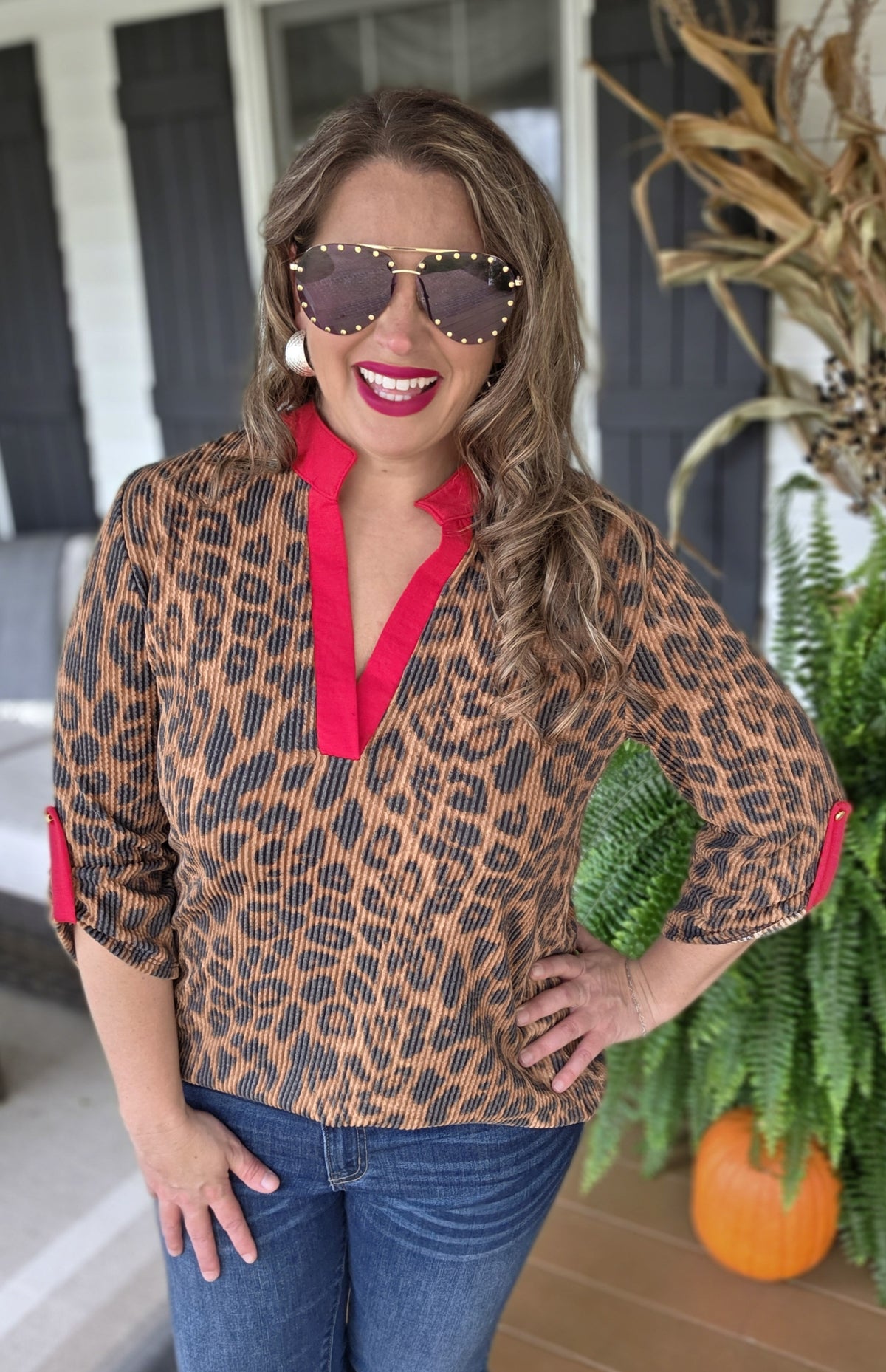 BROWN LEAOPARD/RED TRIM 3/4 SLEEVE KNIT TOP