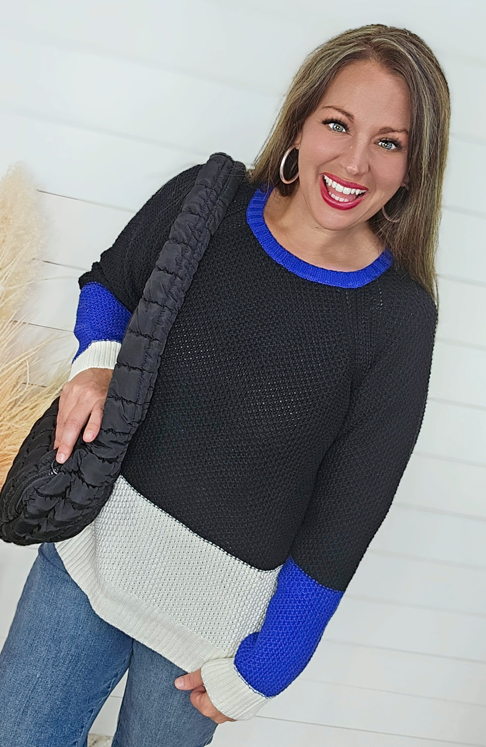 BLUE/BLACK/CREAM COLORBLOCK COTTON SWEATER