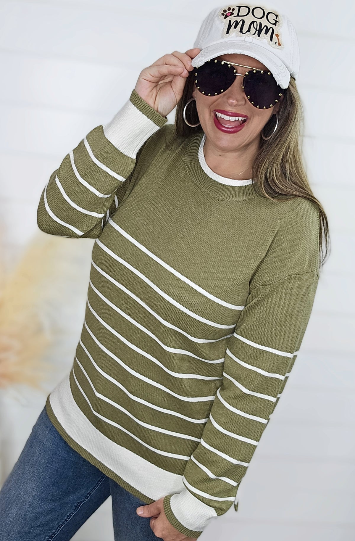 OLIVE/CREAM STRIPED CREW NECK SWEATER