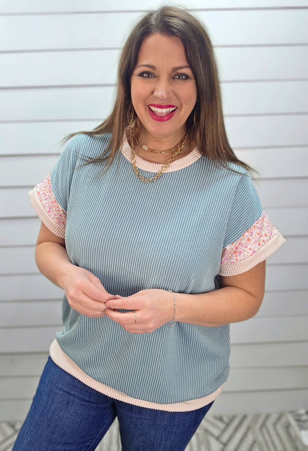 BLUE RAISED RIBBED KNIT TOP W/ FLORAL TRIM