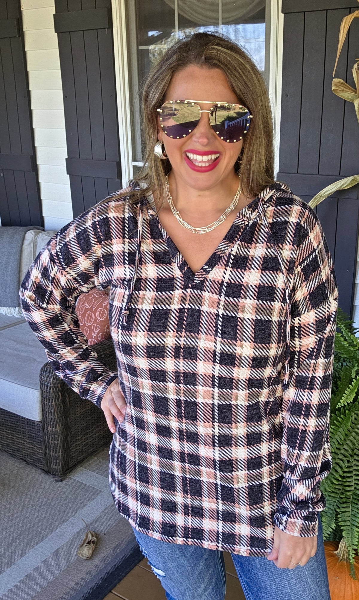 NAVY/ROSE PLAID CHECK FRECH TERRY HOODIE