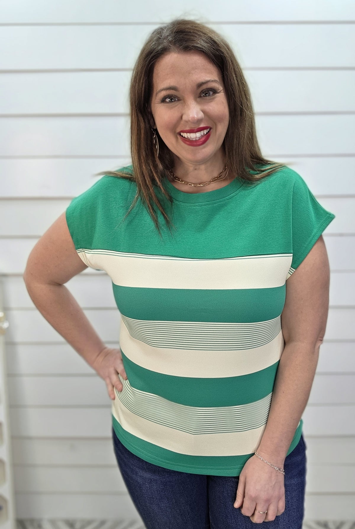 GREEN STRIPED MIXED CAP SLEEVE KNIT TOP