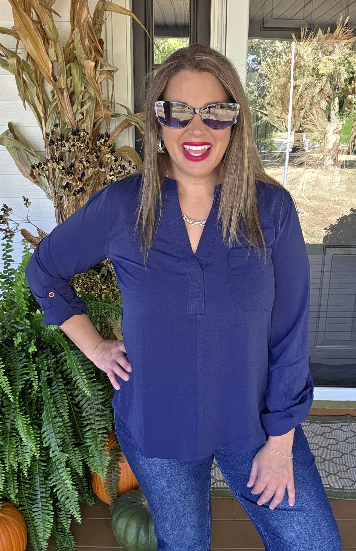 NAVY V NECK ROLL UP SLEEVE WOVENT TOP