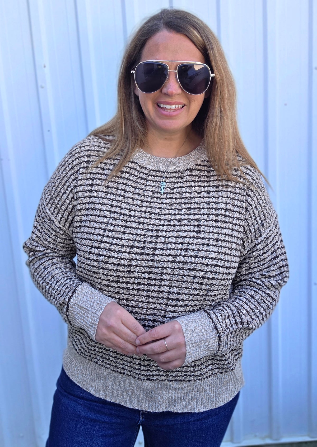 Taupe/Brown Texture Striped Crew Neck Long Sleeve Pullover Sweater