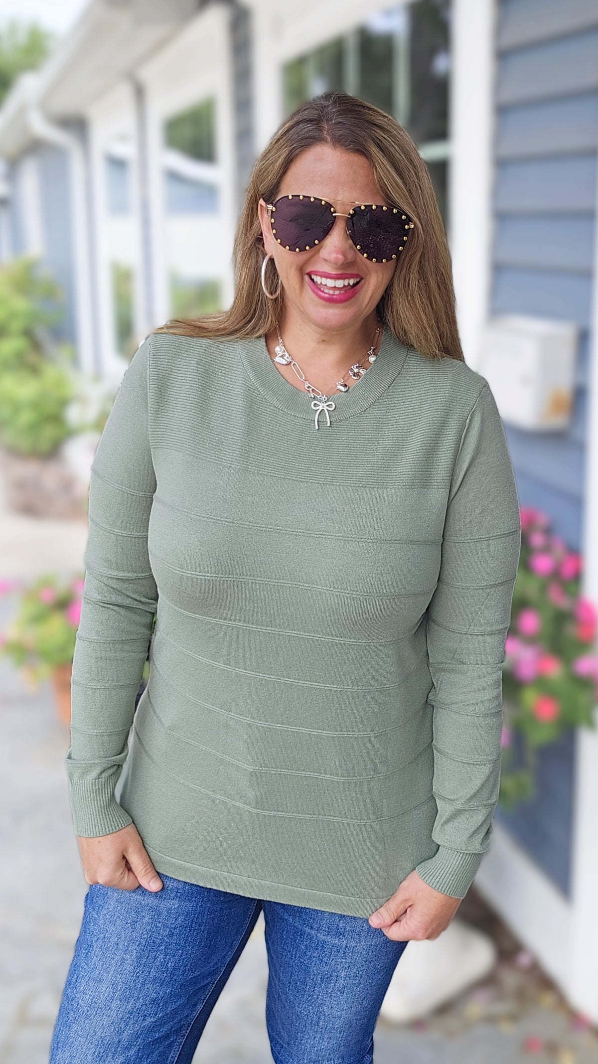 DARK SAGE PINTUCKED SUPER SOFT LIGHT WEIGHT SWEATER