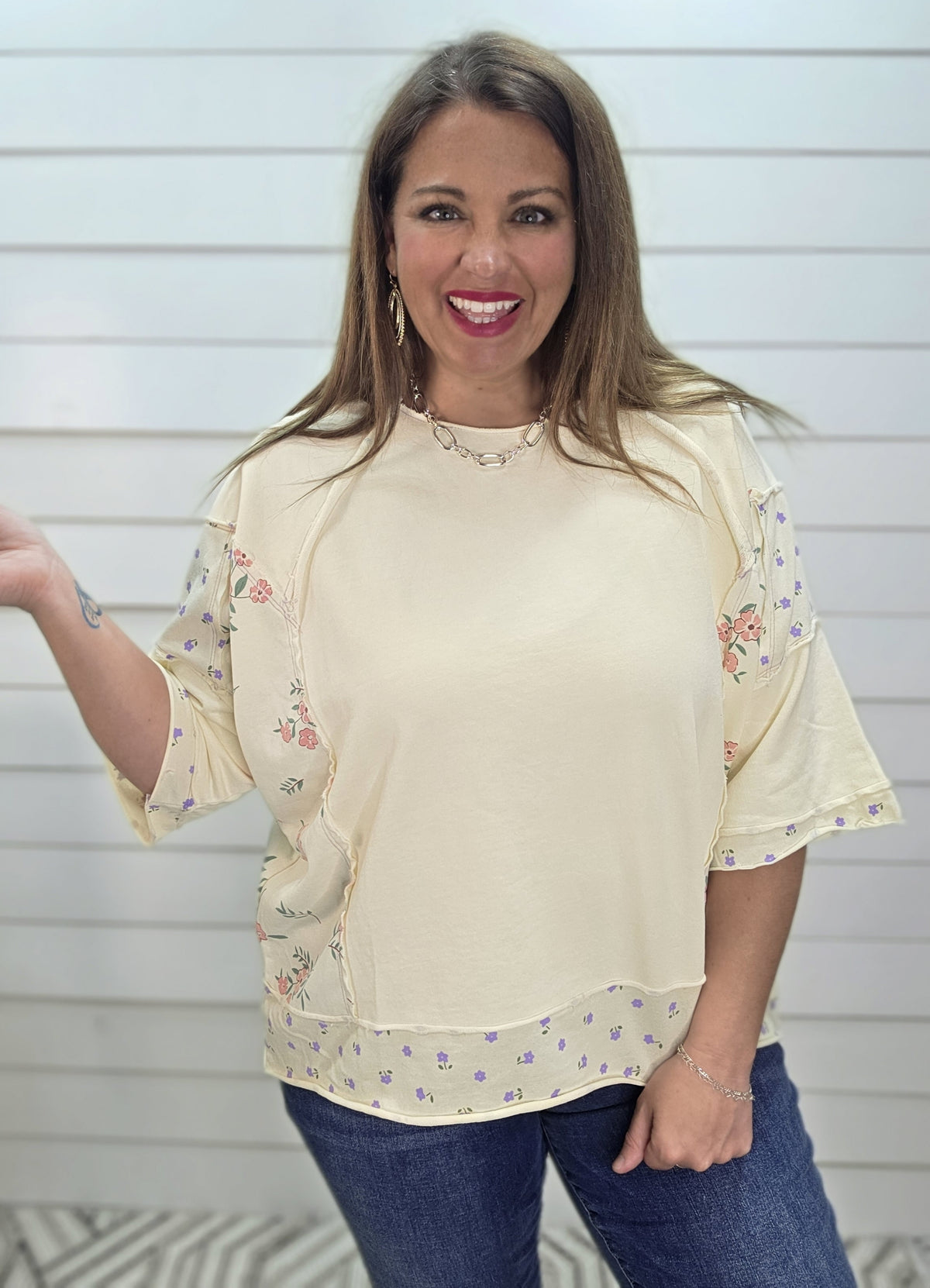 OFF WHITE FLORAL CONTRAST OVERSIZED FRENCH TERRY KNIT TOP
