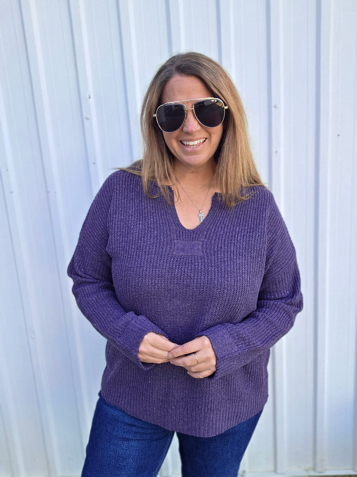 Eggplant Slit Neck With Patch Detail, Long Sleeve, Ribbed, Solid Sweater