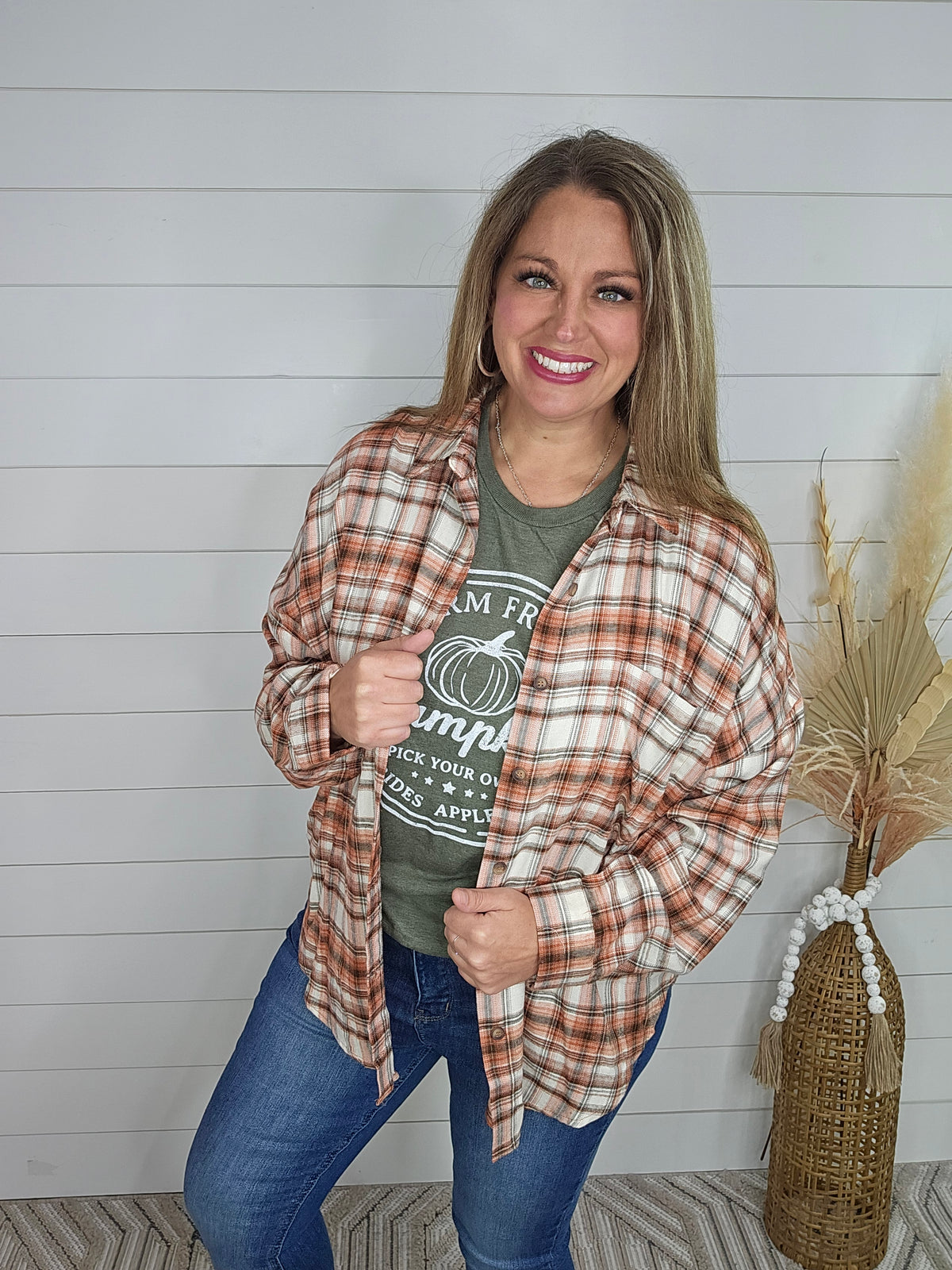 TERRA COTTA RELAXED FIT LIGHT WEIGHT PLAID BUTTON UP