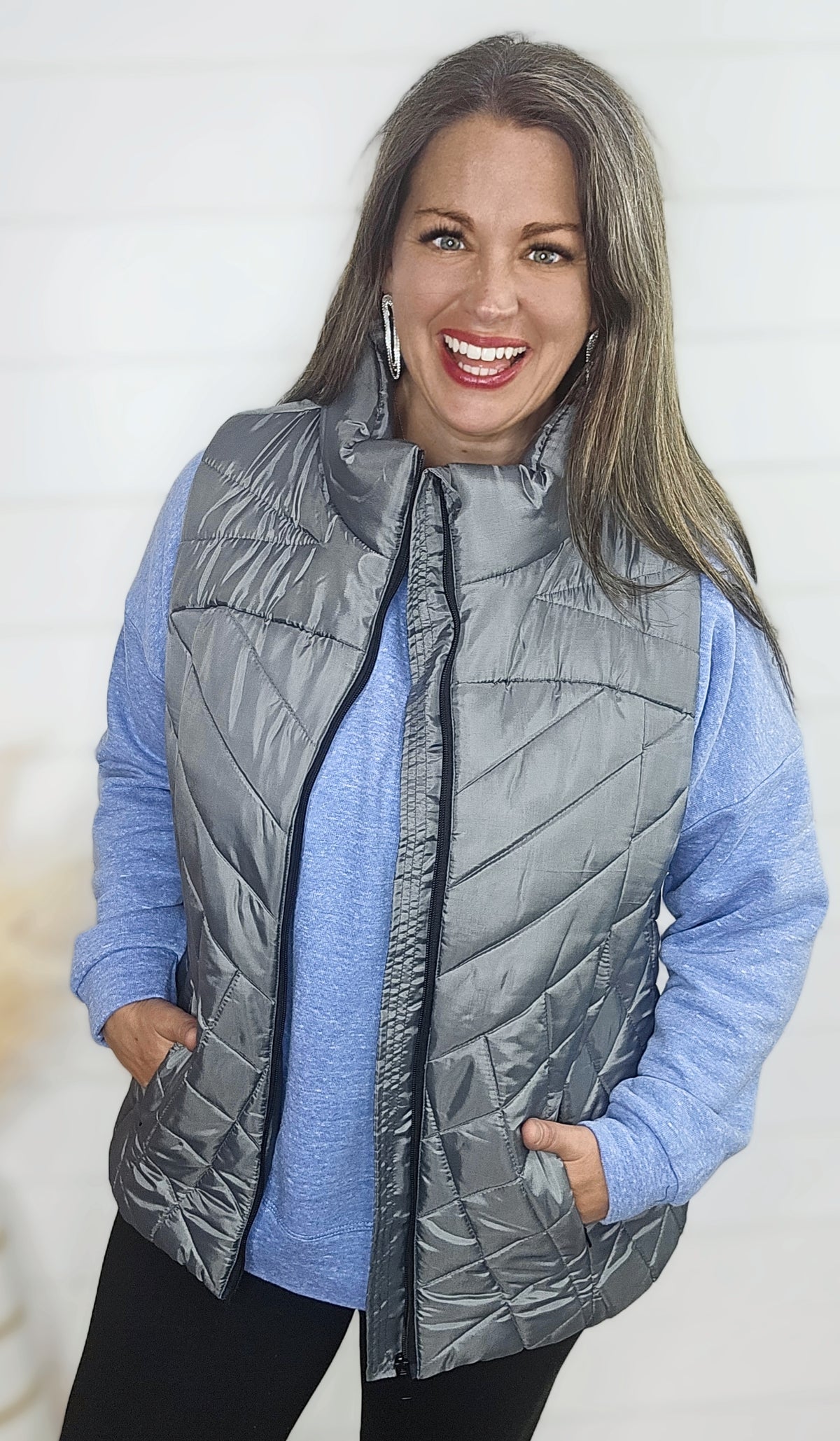 KAREN HART GREY QUILTED FULL ZIP VEST