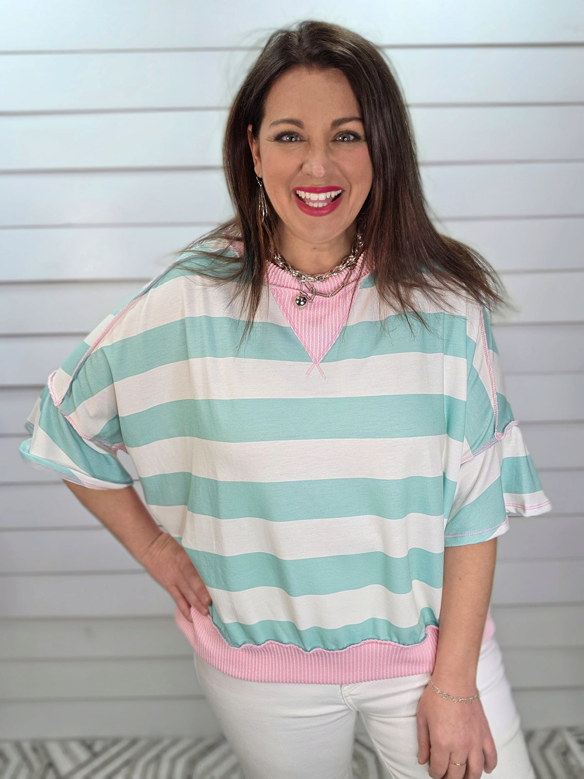 MINT STRIPED LOOSE FIT KNIT TOP W/ PINK TRIM