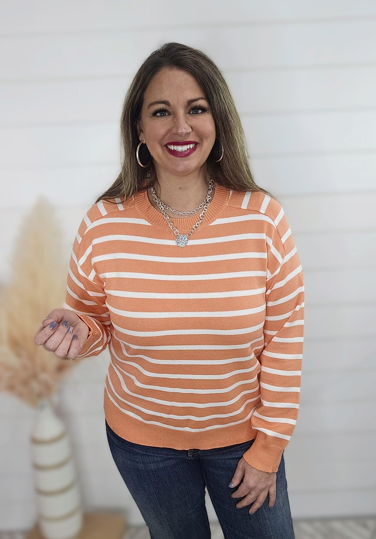 CORAL/WHITE STRIPED SOFT SWEATER