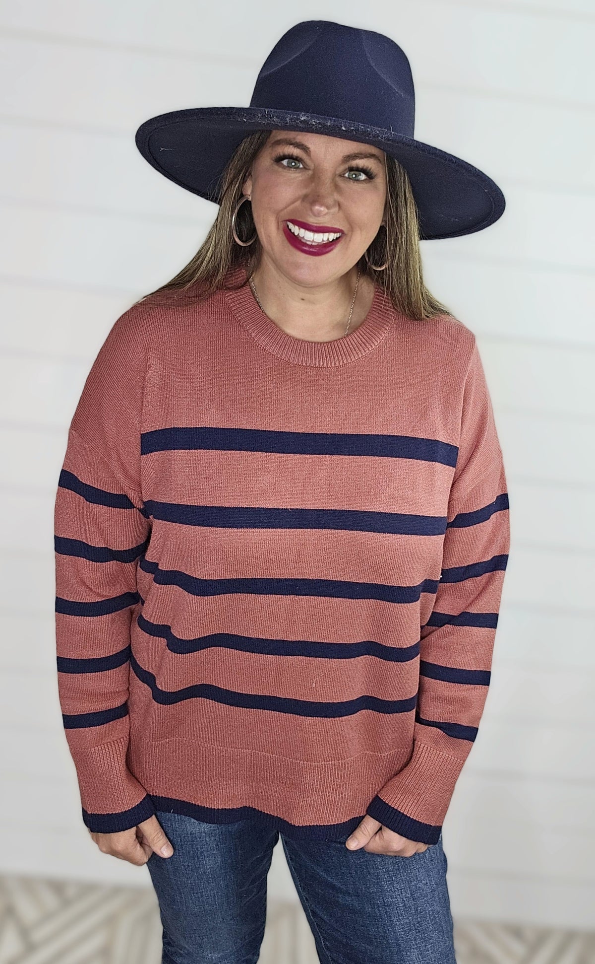 DARK ROSE/NAVY STRIPED CREW NECK SOFT SWEATER