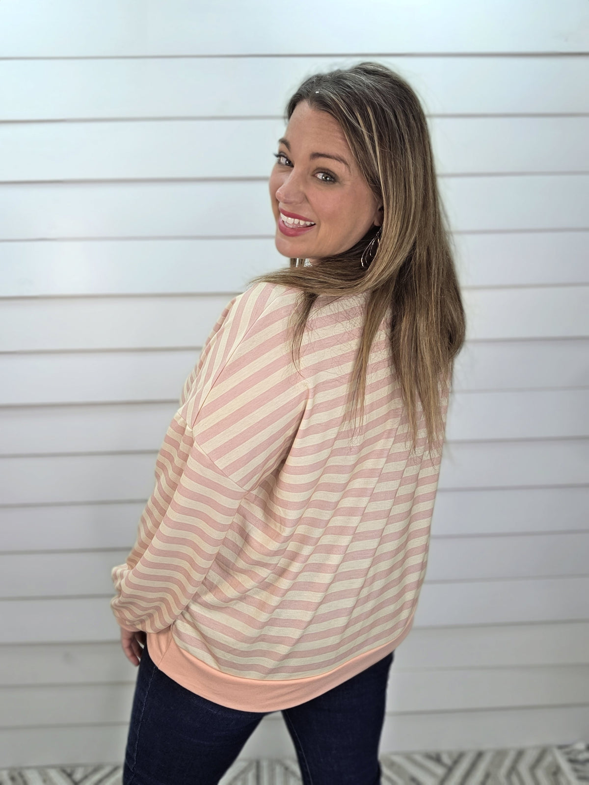 PINK/PEACH/OATMEAL STRIPED LOOSE FIT LONG SLEEVE KNIT TOP