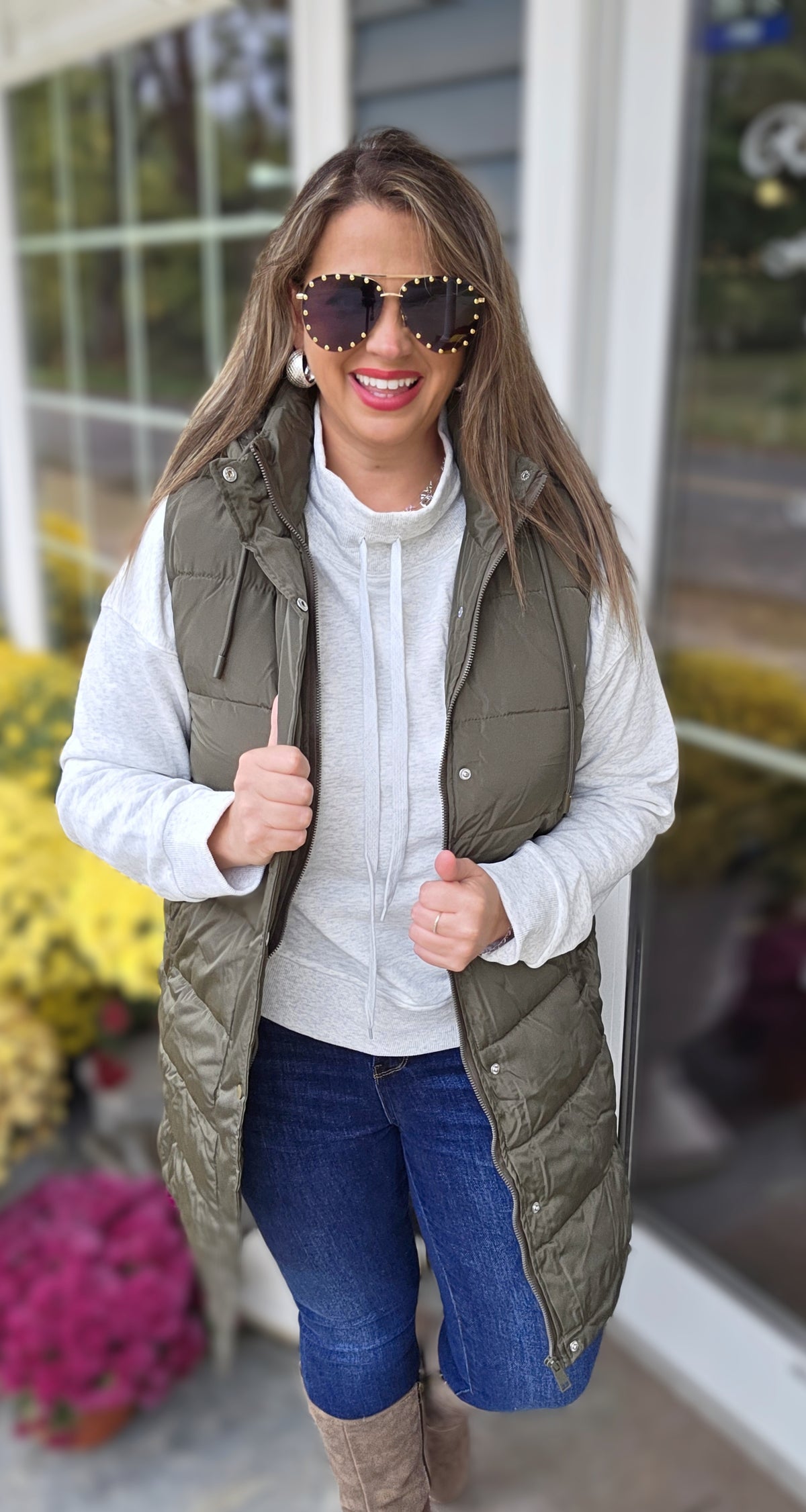 OLIVE LONG PUFFER HOODED VEST WITH SIDE ZIPPER