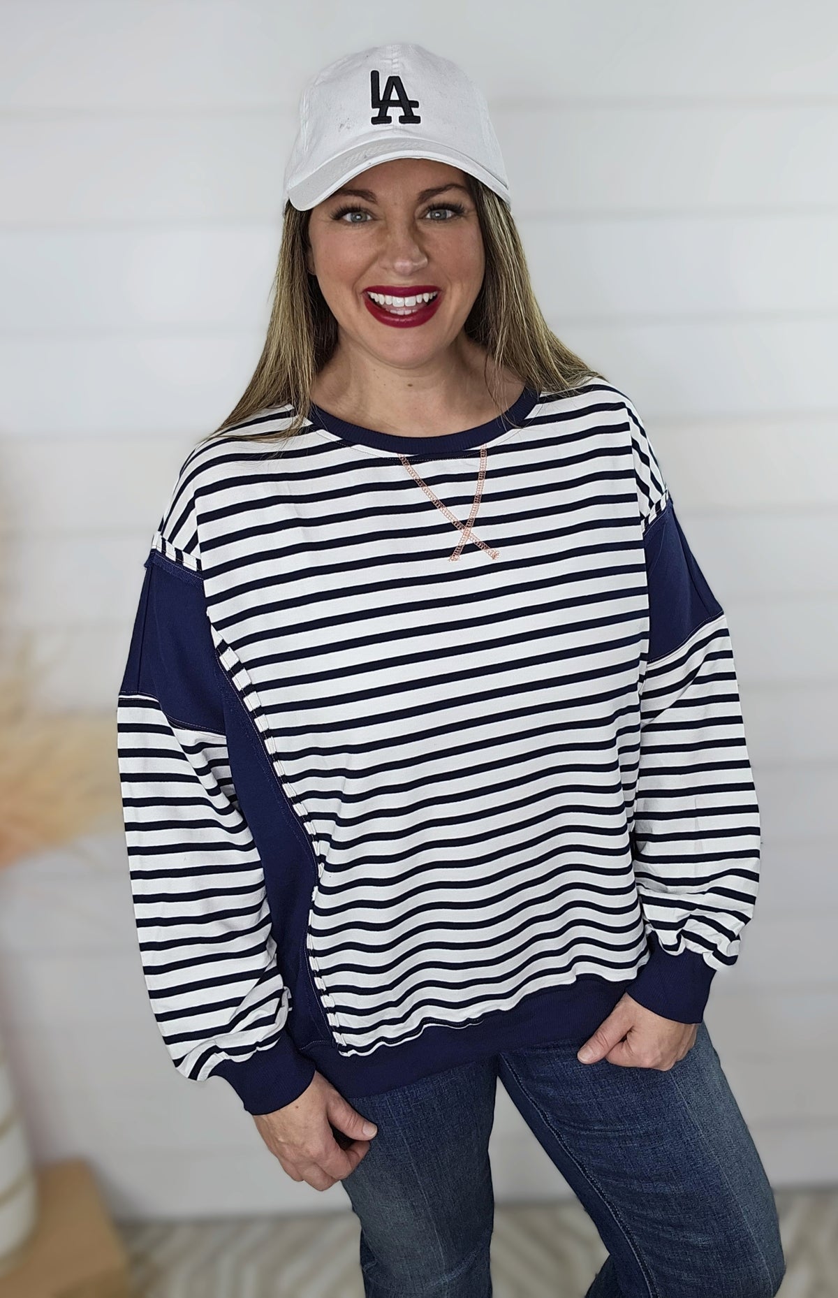 NAVY/WHITE STRIPED BLOCK LOOSE FIT PULLOVER TOP