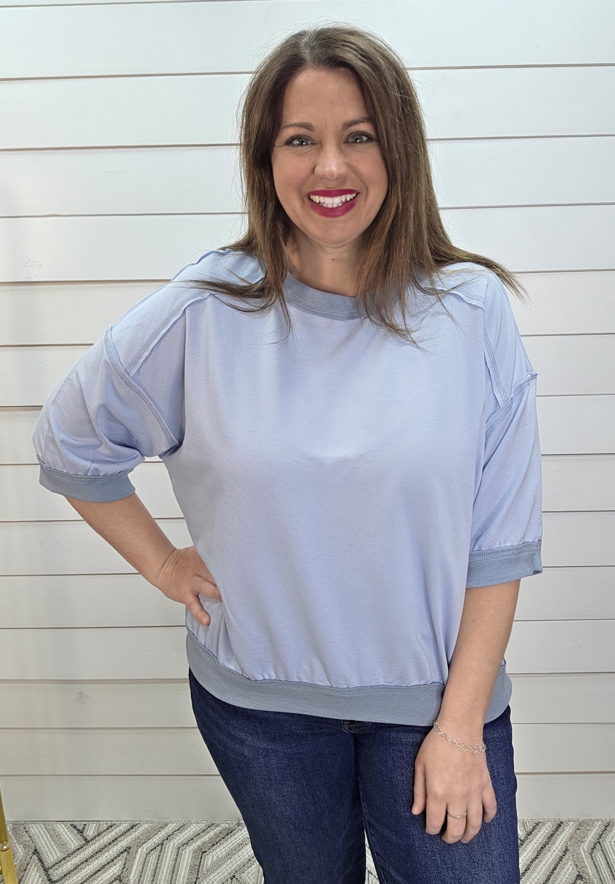 SKY BLUE CONTRAST TRIM RAGLAN SHORT SLEEVE KNIT TOP