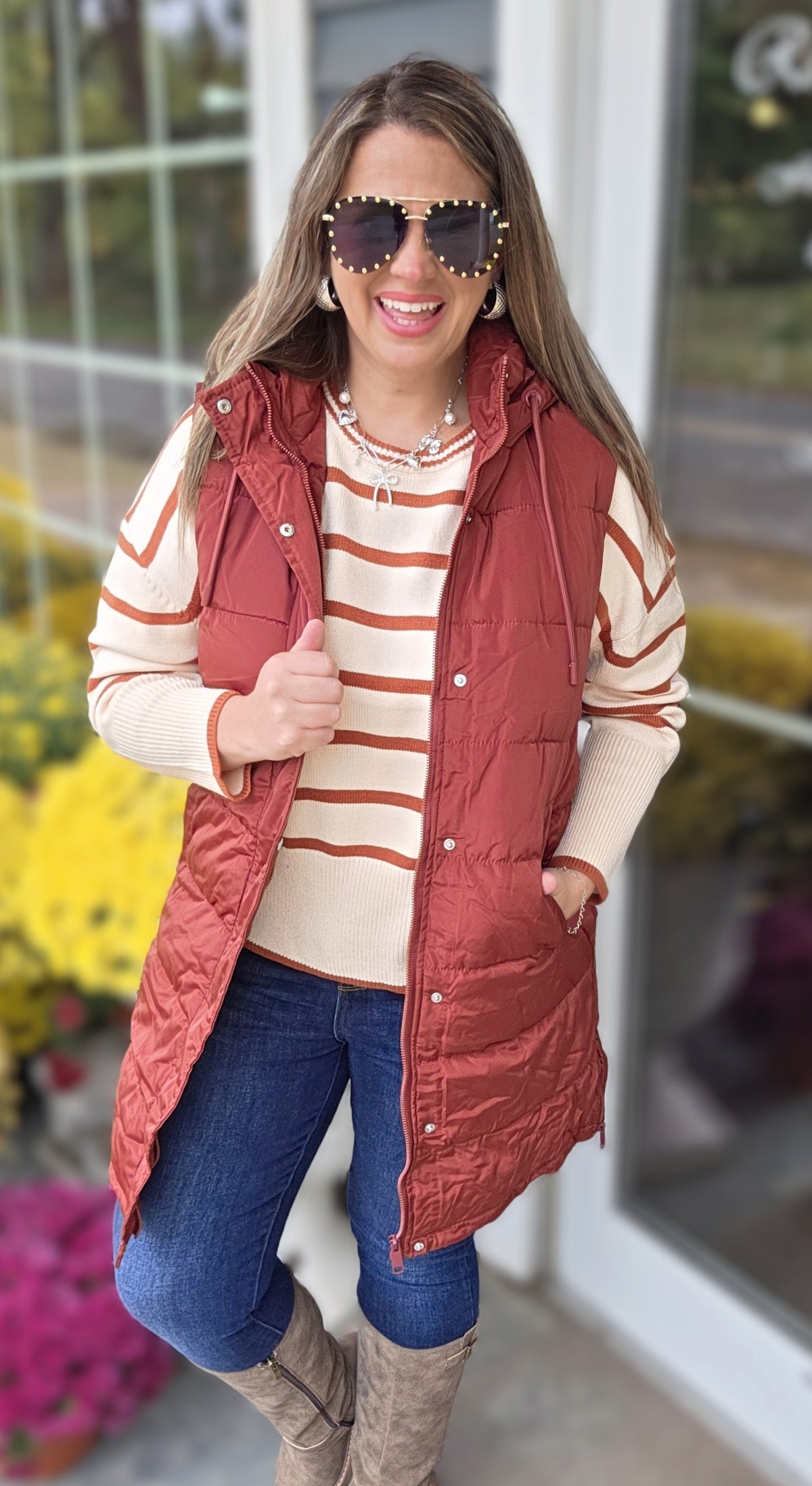 BRICK LONG PUFFER HOODED VEST WITH SIDE ZIPPER