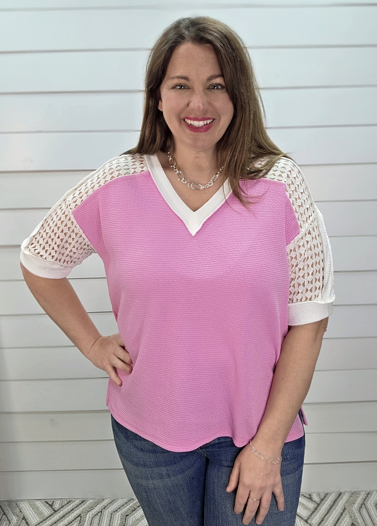BUBBLE GUM PINK CLOUD FABRIC W/ LACE SLEEVE