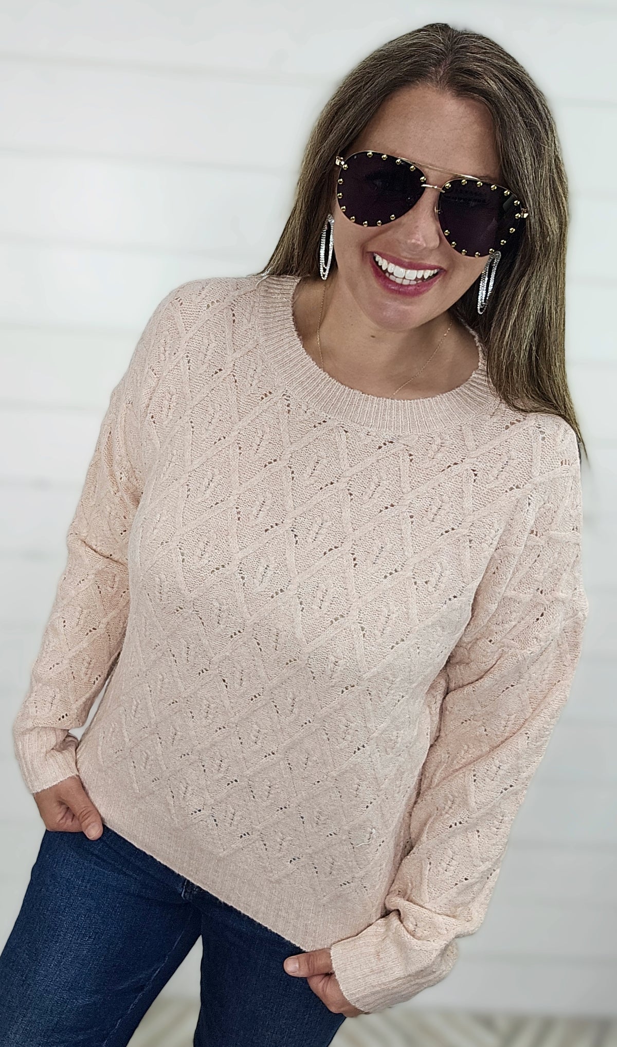 BLUSH TEXTURED CREW NECK SOFT LIGHT WEIGHT SWEATER