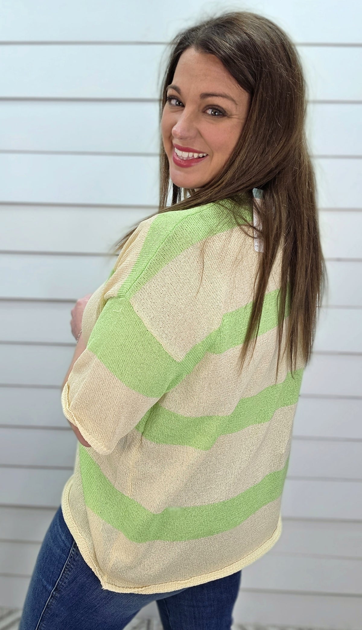GREEN/CREAM STRIPED SHORT SLEEVE LIGHT WEIGHT SWEATER