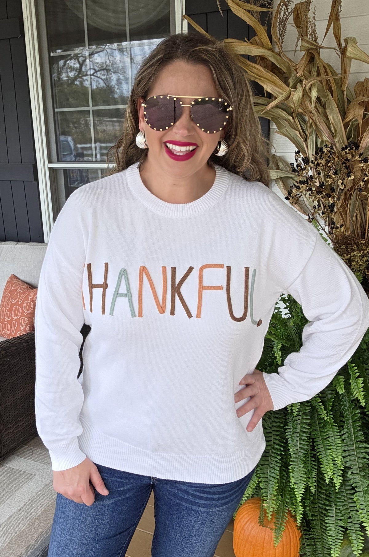 CREAM MULTI COLOR EMBROIDED "THANKFUL" SWEATER
