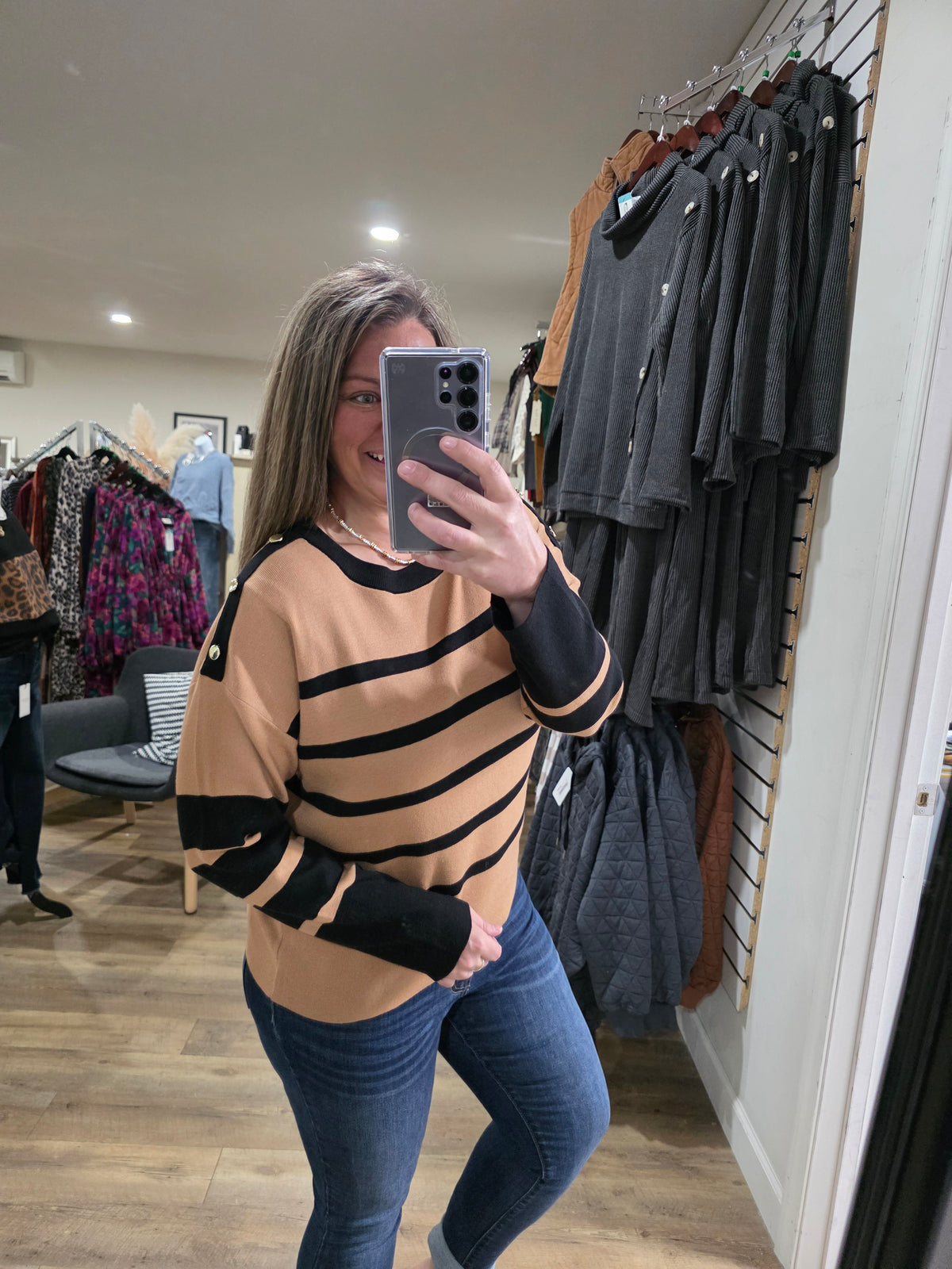 KAREN HART TAN/BLACK STRIPED SWEATER WITH BUTTON ACCENTS