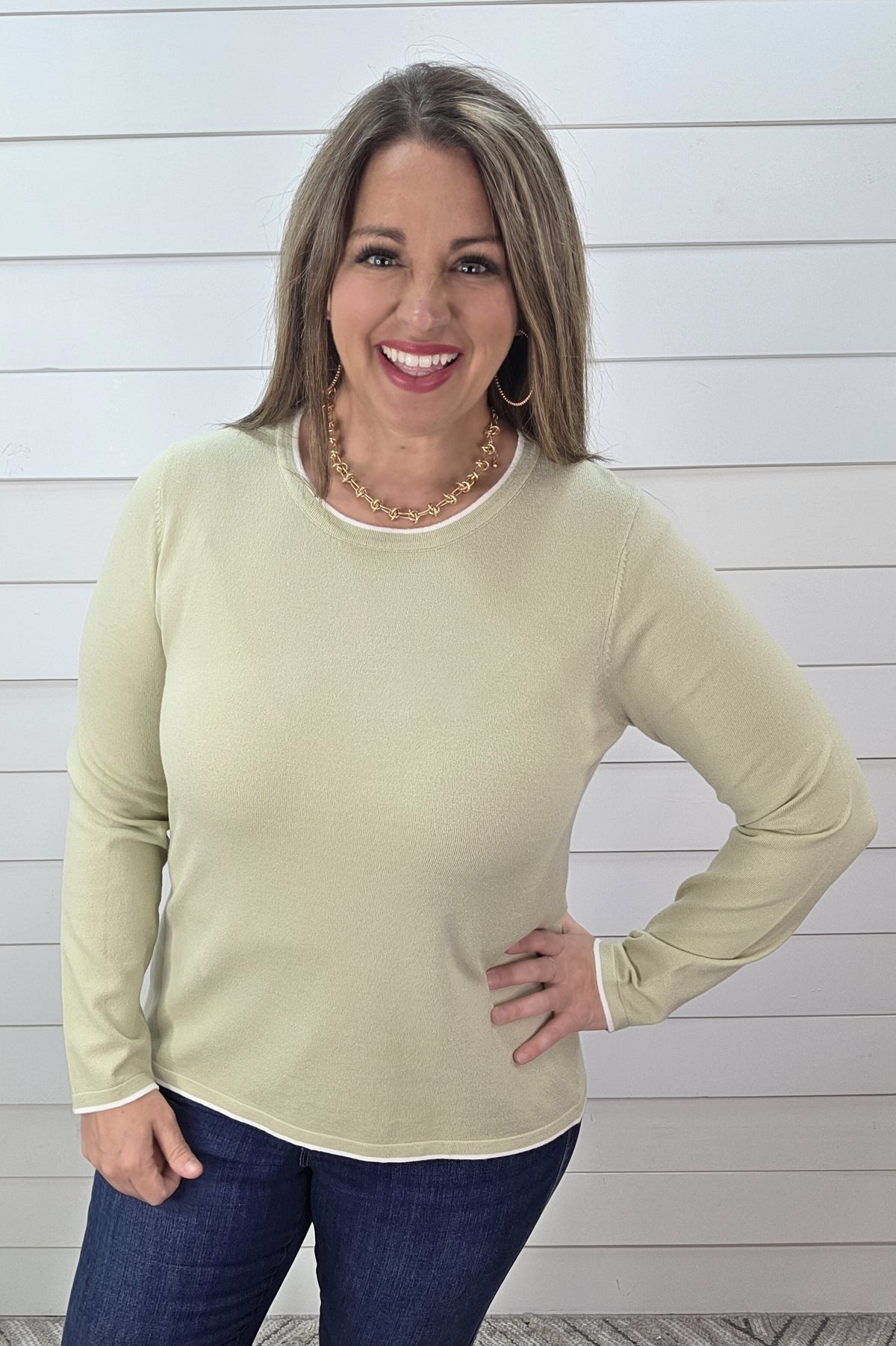 SAGE CONTRAST LIGHT WEIGHT KNIT PULLOVER