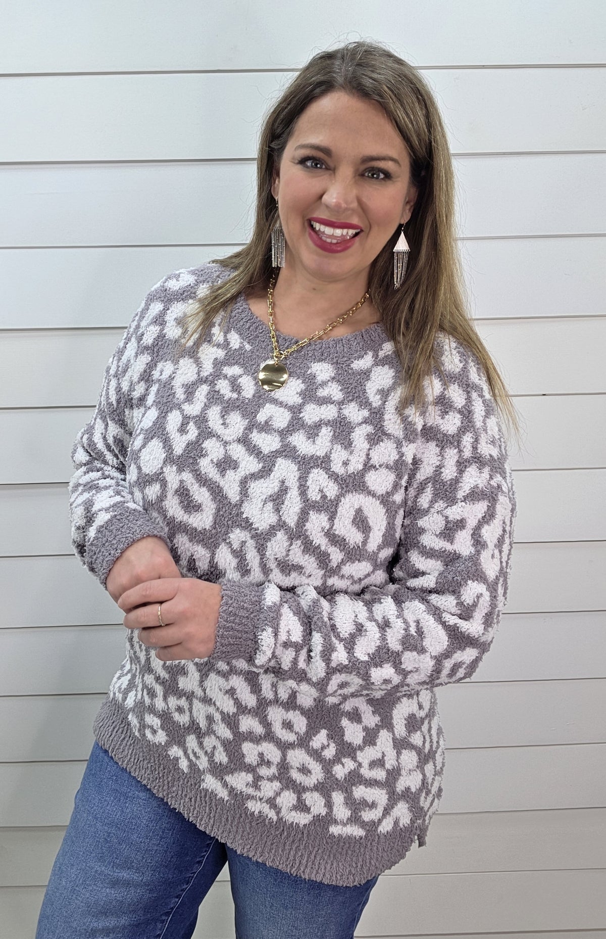 GREY ULTRA SOFT FUZZY ANIMAL PRINT SWEATER PULLOVER