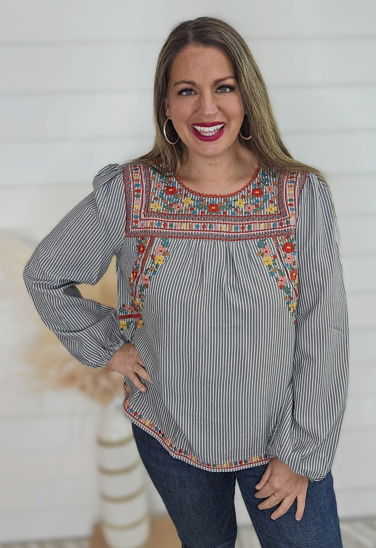 CHARCOAL PINSTRIPED EMBROIDERED TOP