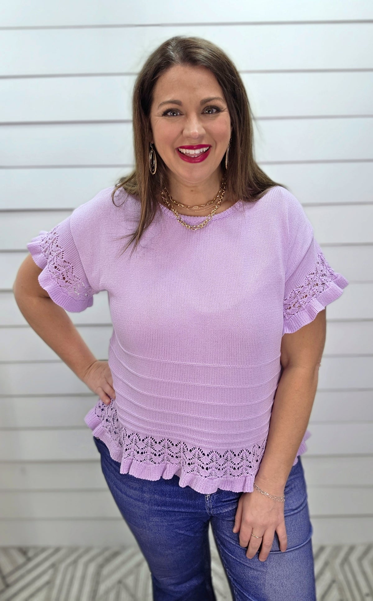 LAVENDER SWEATER KNIT SHORT SLEEVE TOP W/ CROCHET DETAIL