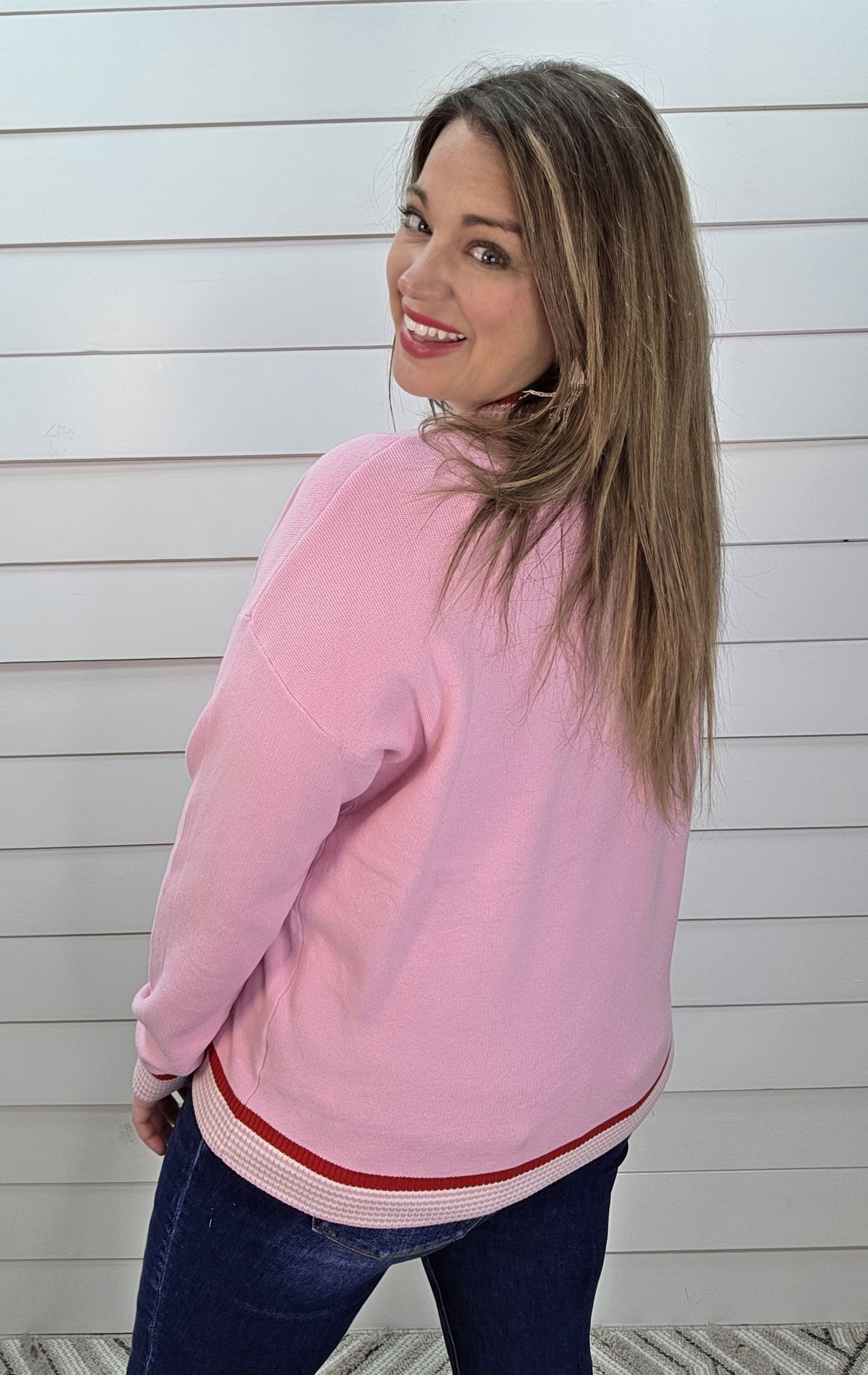 PINK CONTRAST SWEATER W/ RED/WHITE TRIM