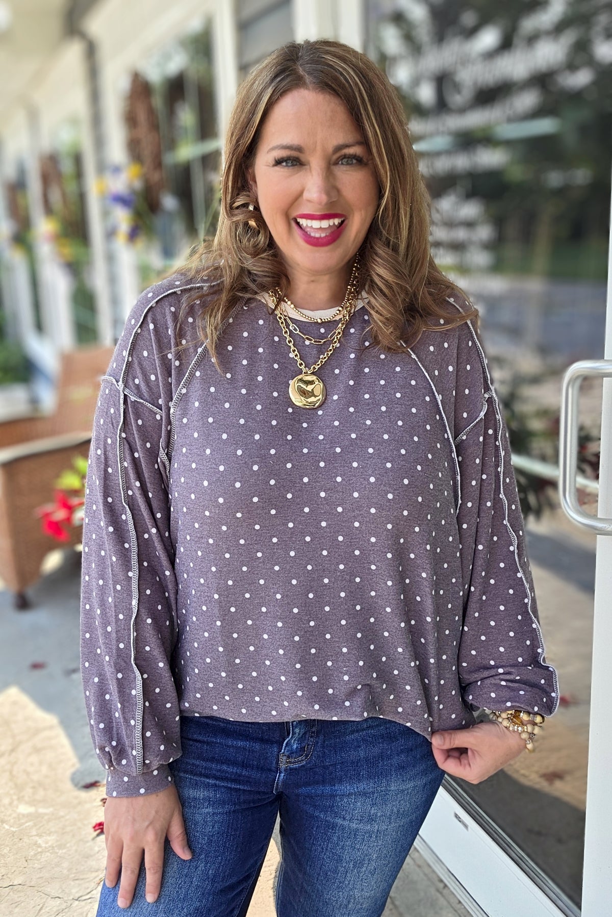 BROWN KNIT POLKADOT LOOSE KNIT TOP