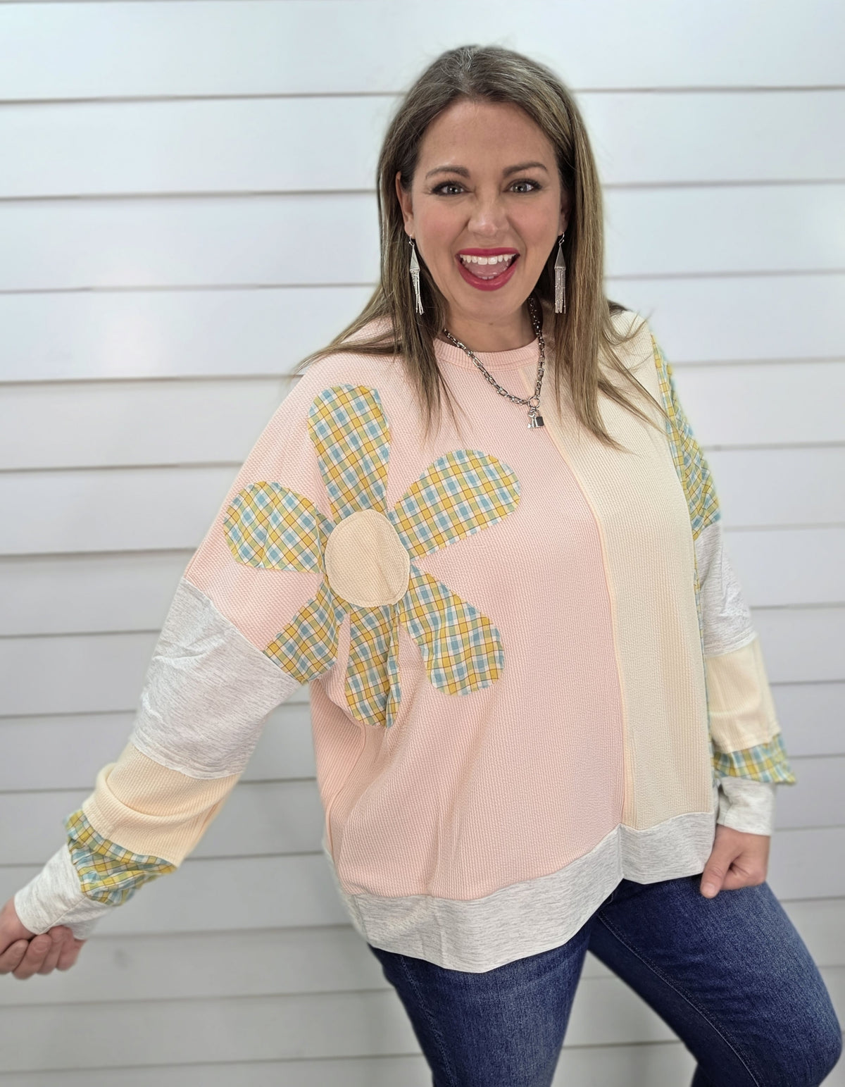 PEACH/OATMEAL CONTRAST PLAID/FLORAL LOOSE FIT TOP