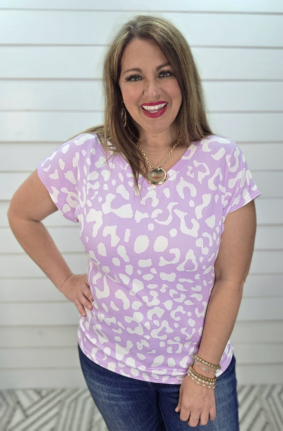LILAC LEOPARD V NECK BUTTER KNIT TOP
