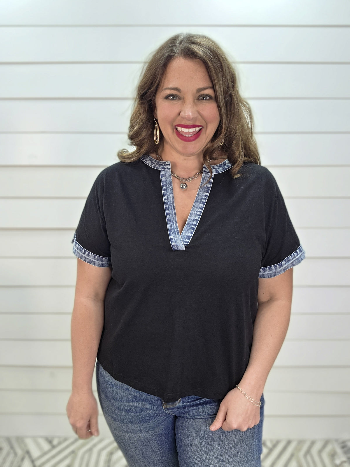 BLACK/DENIM CONTRAST KNIT TOP