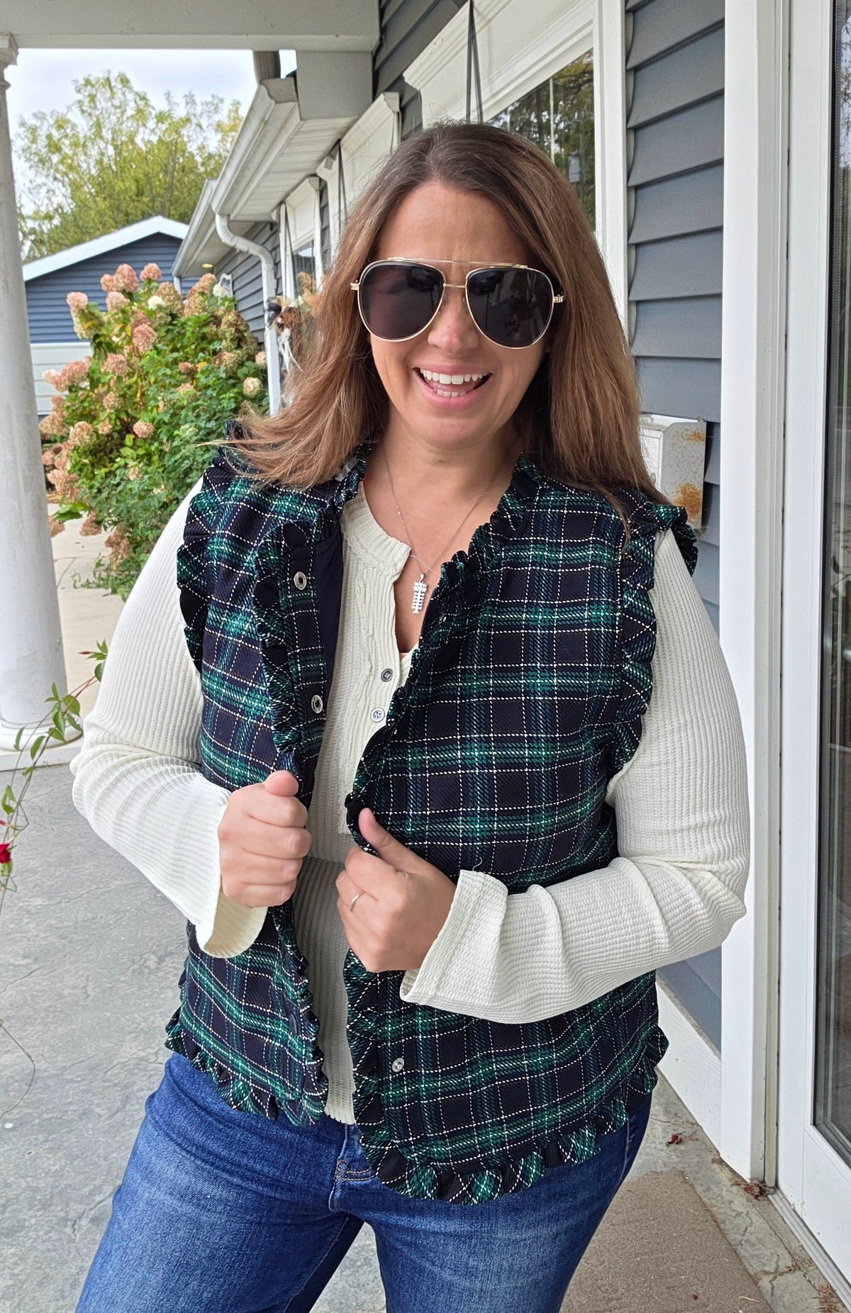 Navy/Green Plaid Quilted Vest With Frill Detail