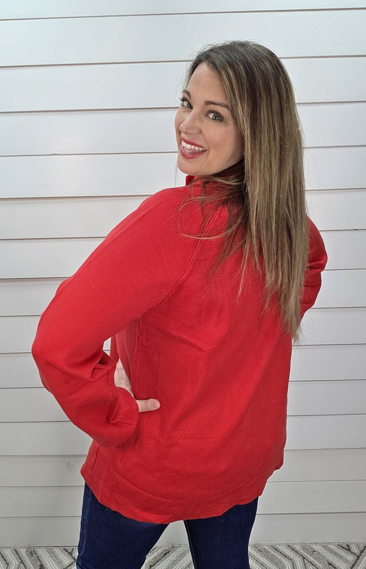 RED COLLARED BUTTON FRONT WRAPPED CARDIGAN/SWEATER