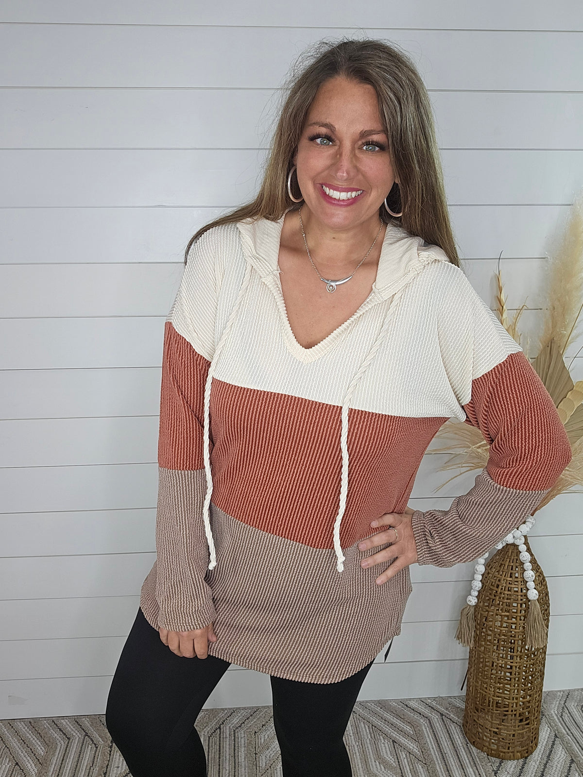 RIBBED COLORBLOCK HOODED TUNIC - OATMEAL/RUST/TAUPE