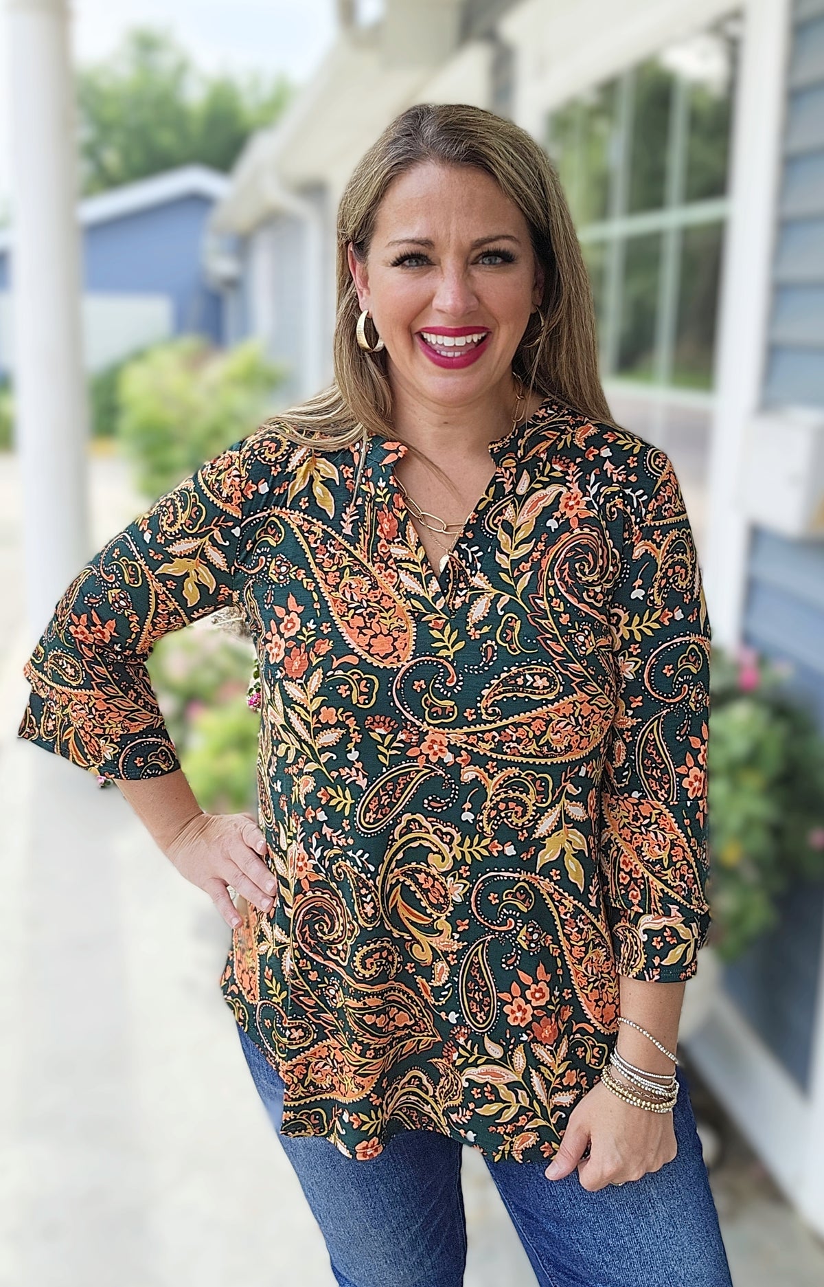 DEAR SCARLETT HUNTER GREEN/ORANGE PAISLEY DOUBLE BELL LIZZY