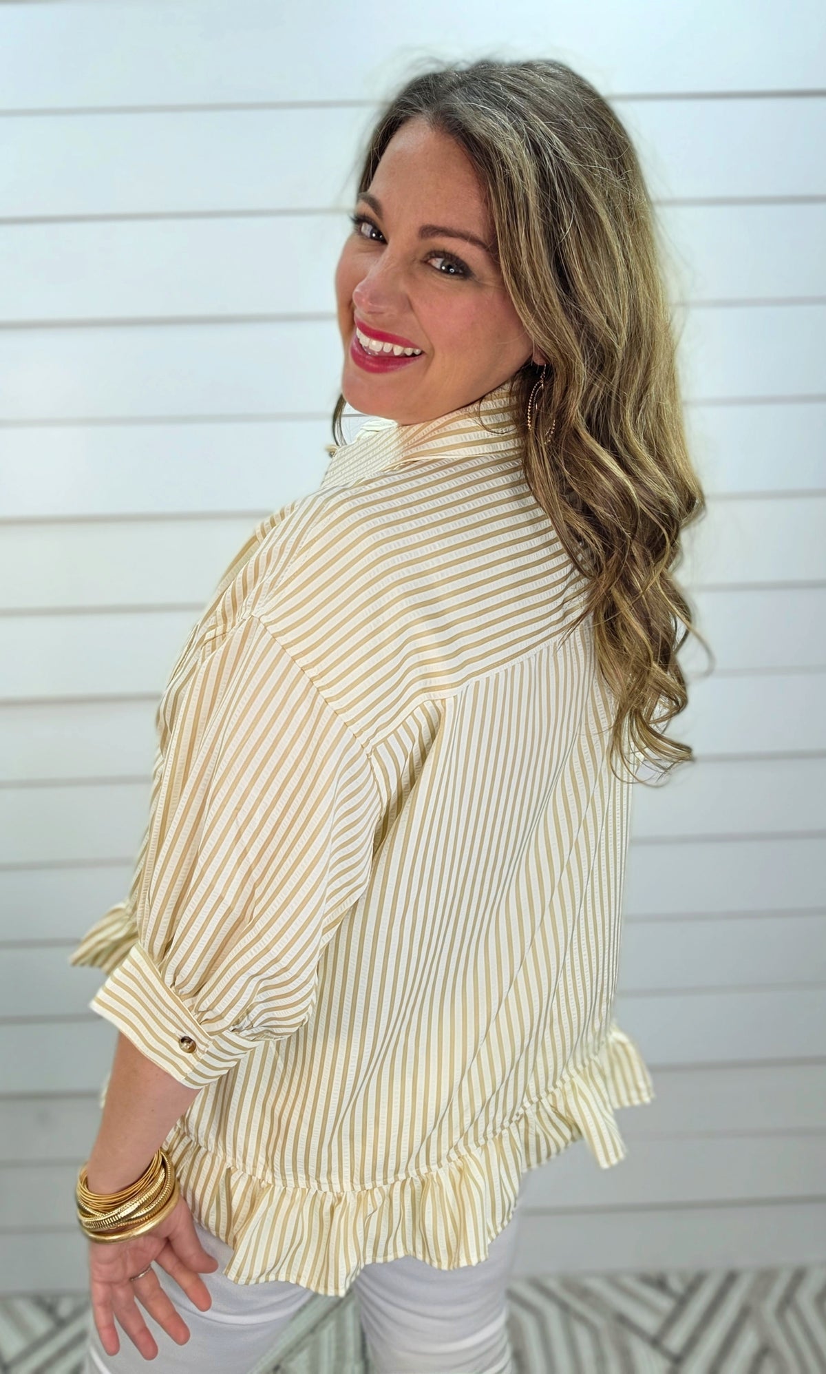 TAUPE STRIPED BUTTON DOWN RUFFLE TOP