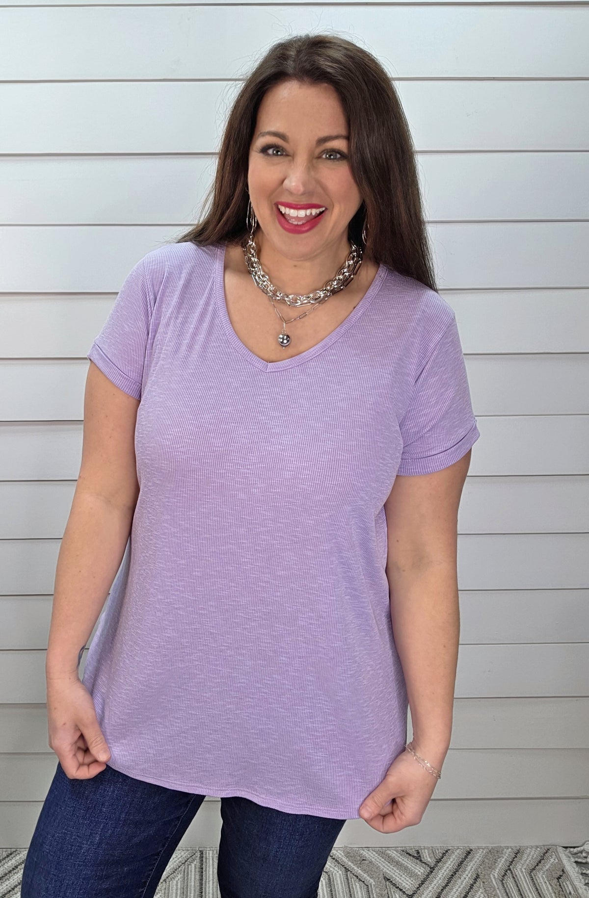LAVENDER RIBBED V NECK KNIT TOP