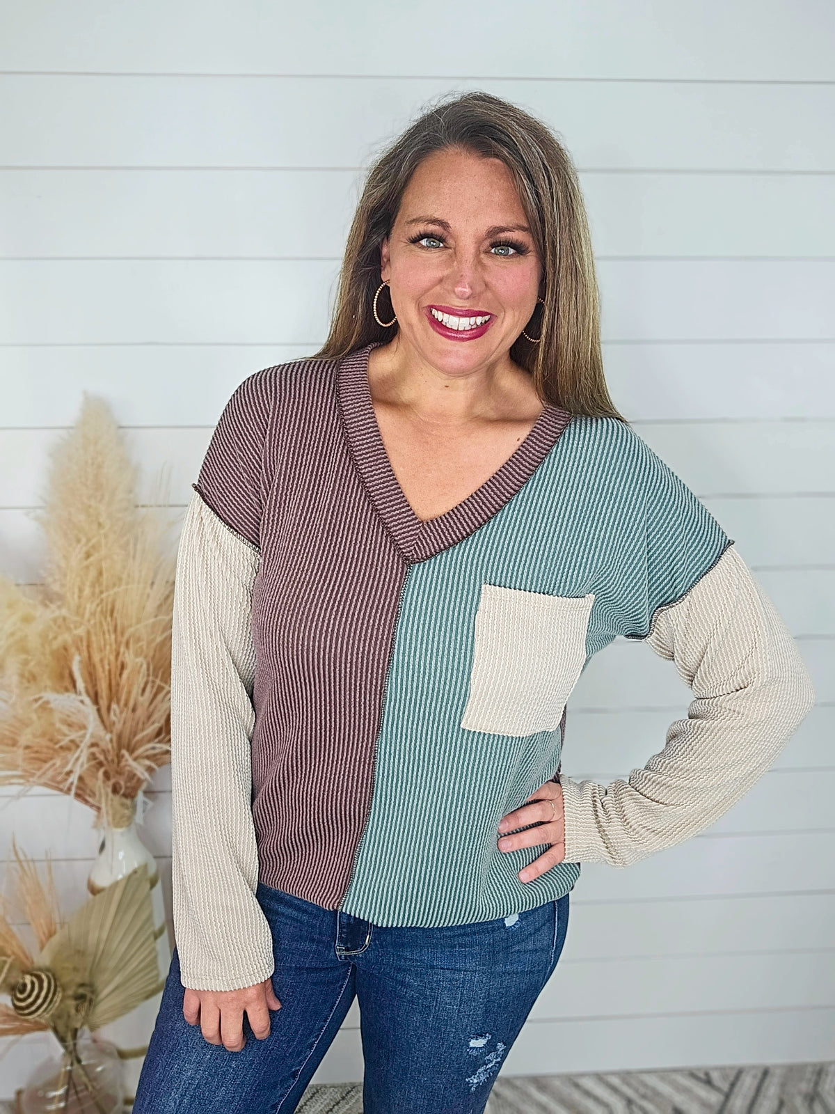 BROWN/JADE RAISED RIBBED COLORBLOCK KNIT TOP