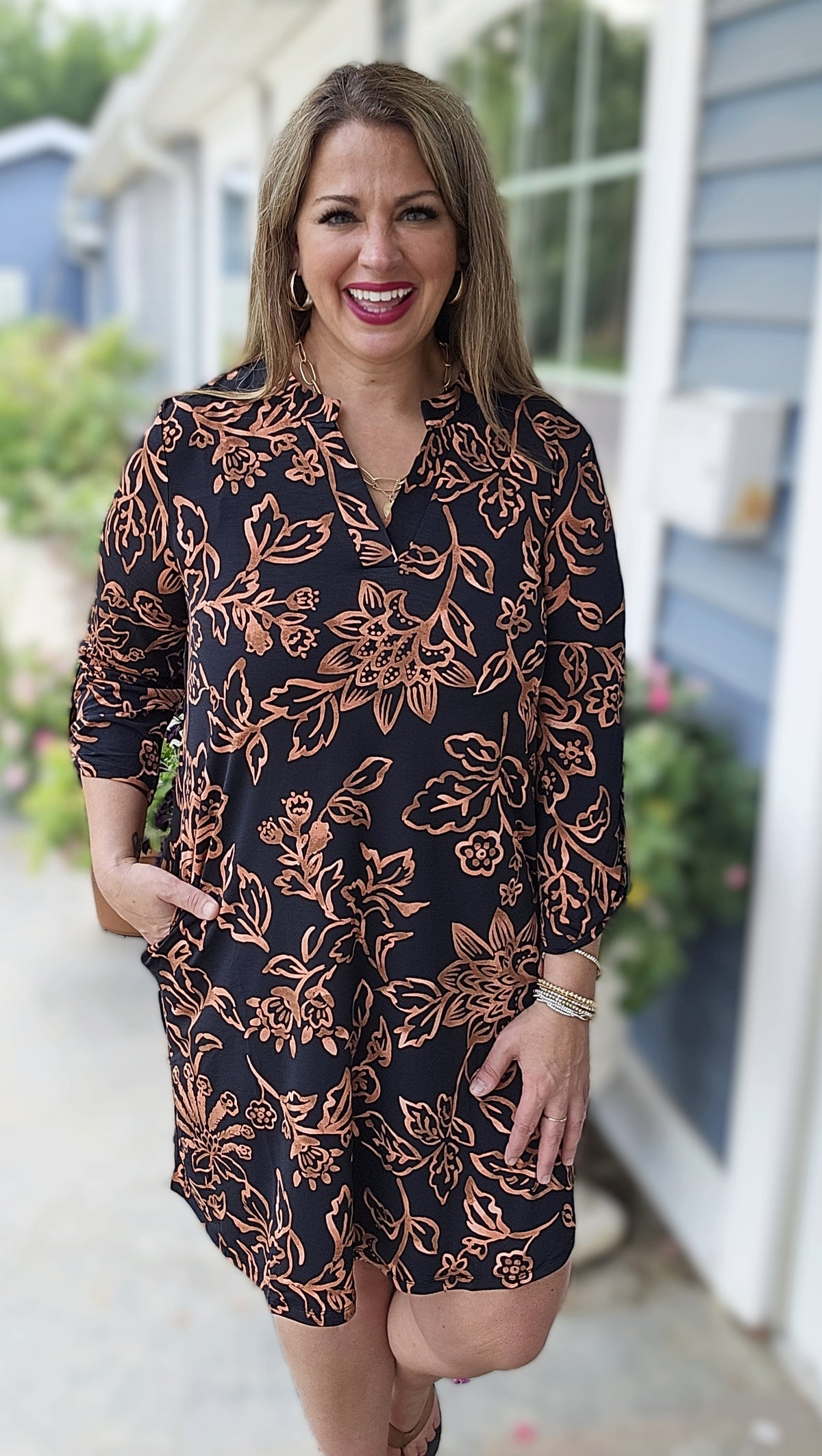 DEAR SCARLETT BLACK/RUST 3/4 SLEEVE DRESS