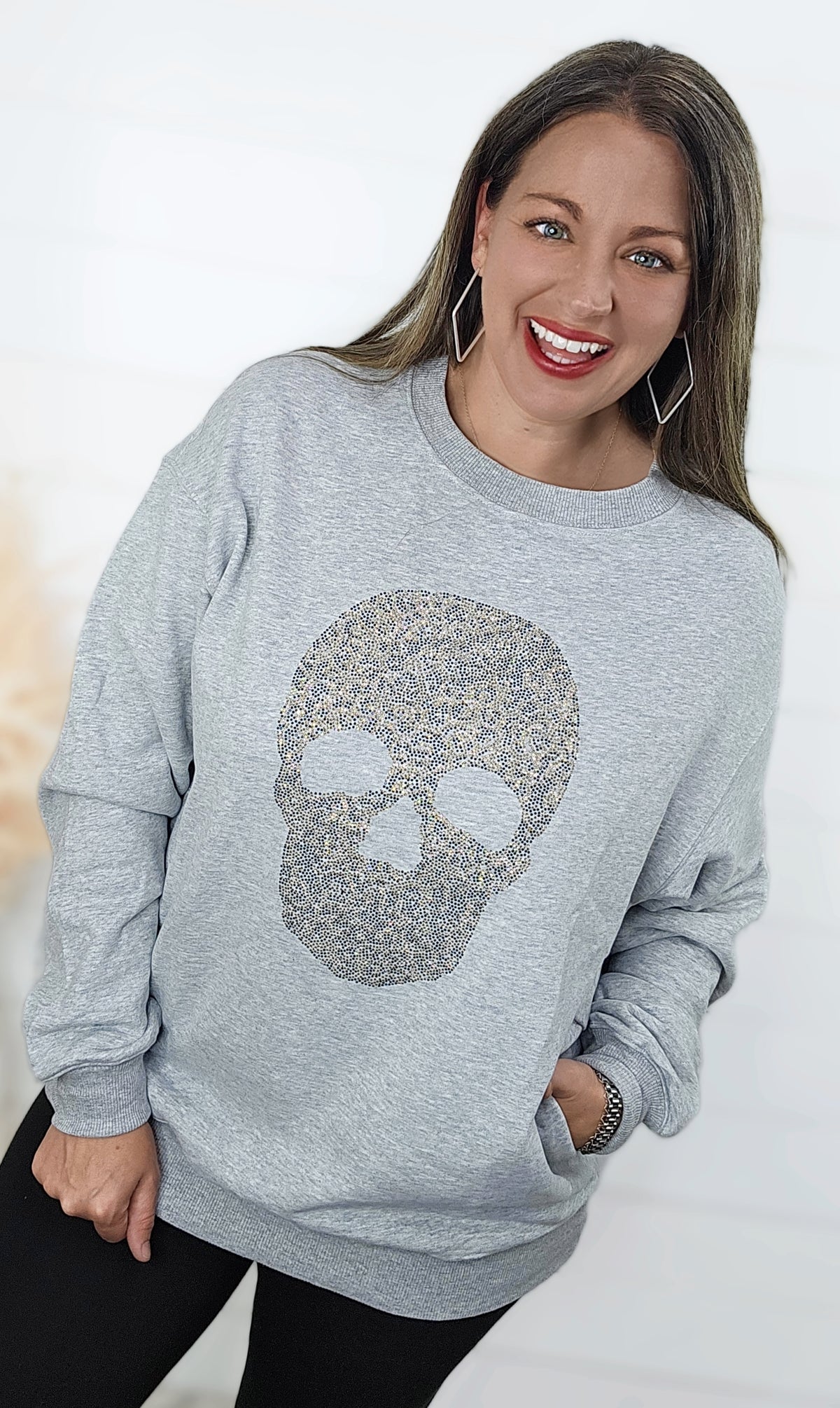 GREY RHINESTONE SKULL DROP SHOULDER SWEATSHIRT