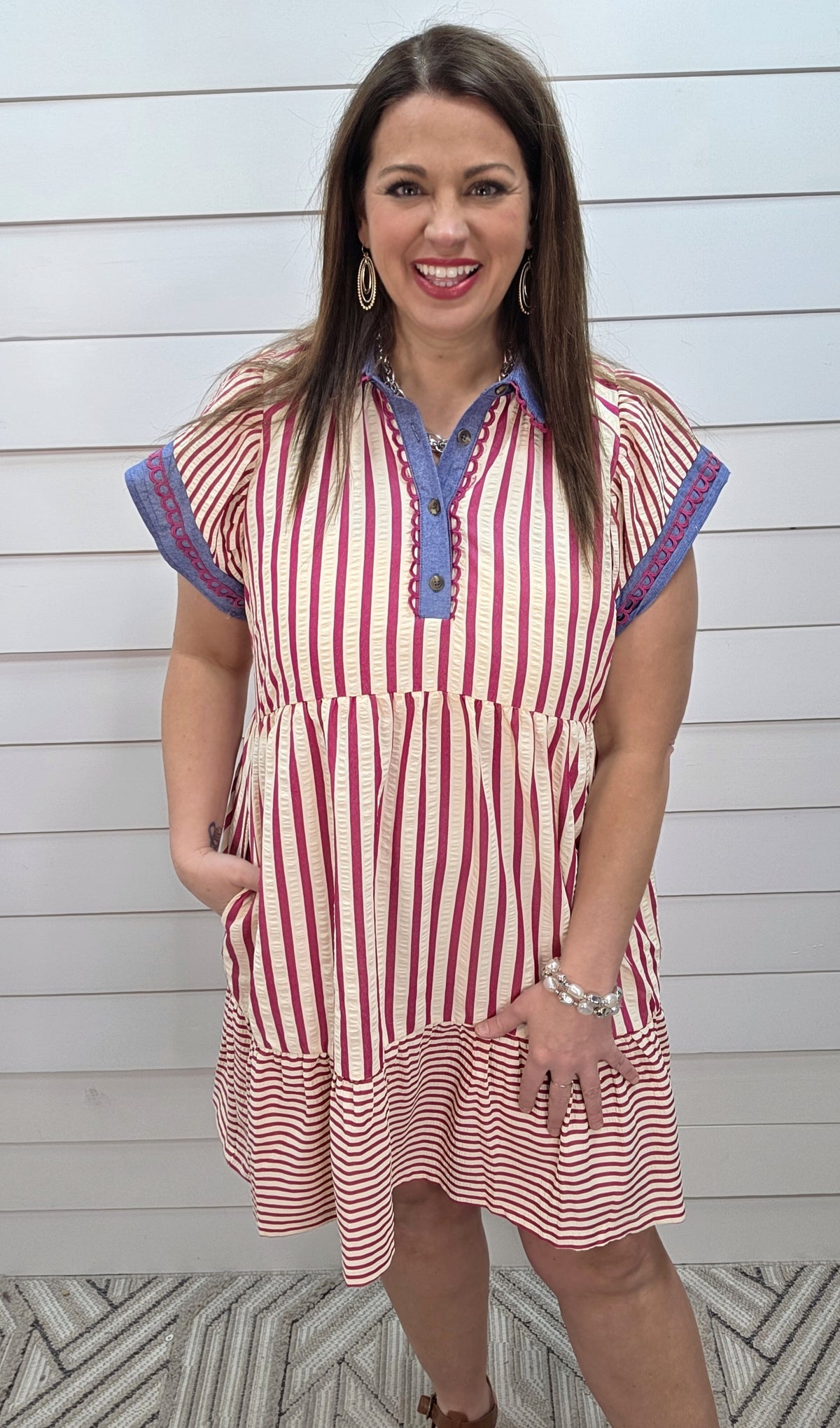 PINK VERTICAL STRIPED DRESS W/ HENLEY BUTTON AND DENIM TRIM