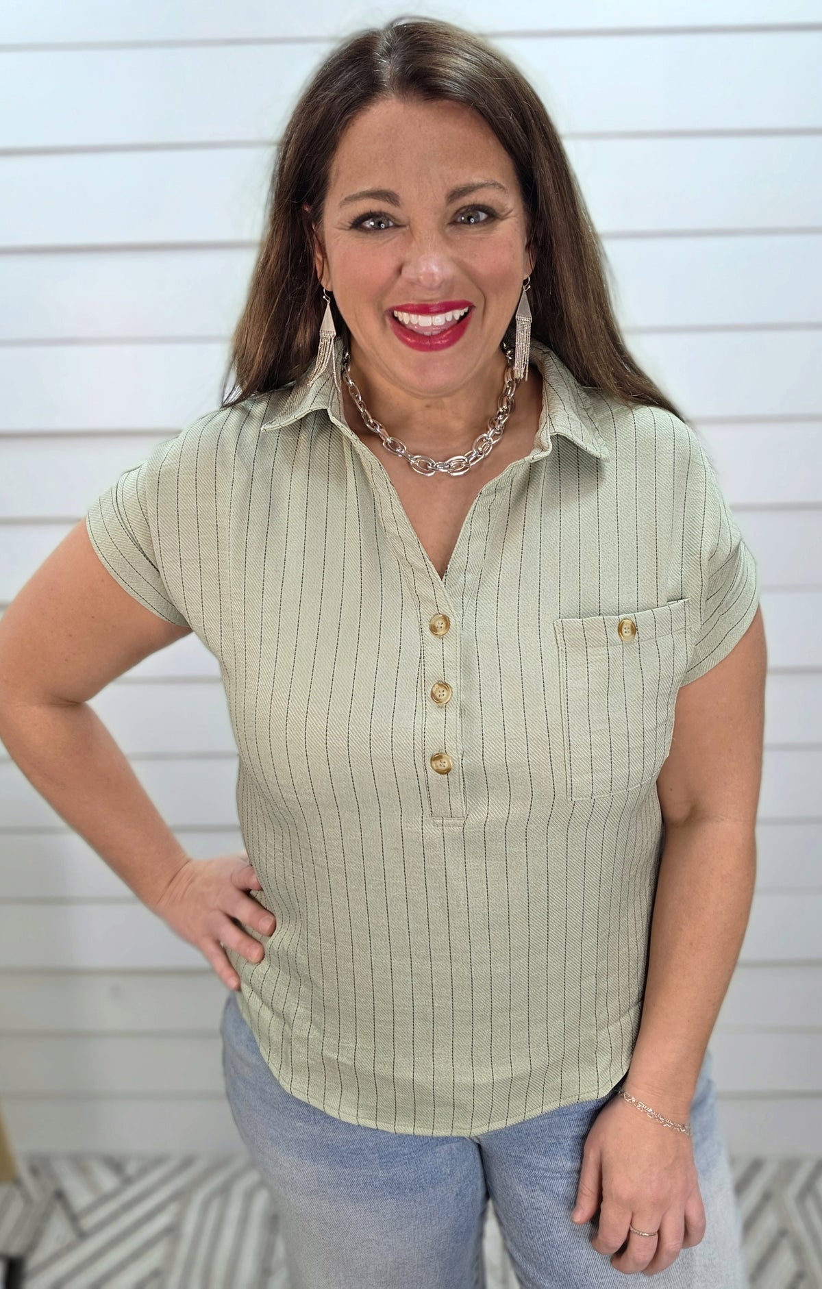 LIGHT OLIVE PINSTRIPED HALF BUTTON TOP